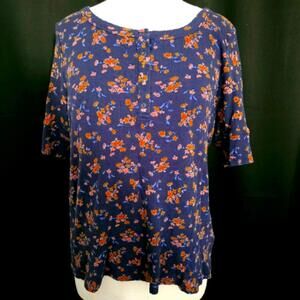 Lucky Brand Navy Blue Floral Print Short Sleeve Ribbed T-Shirt Size XL